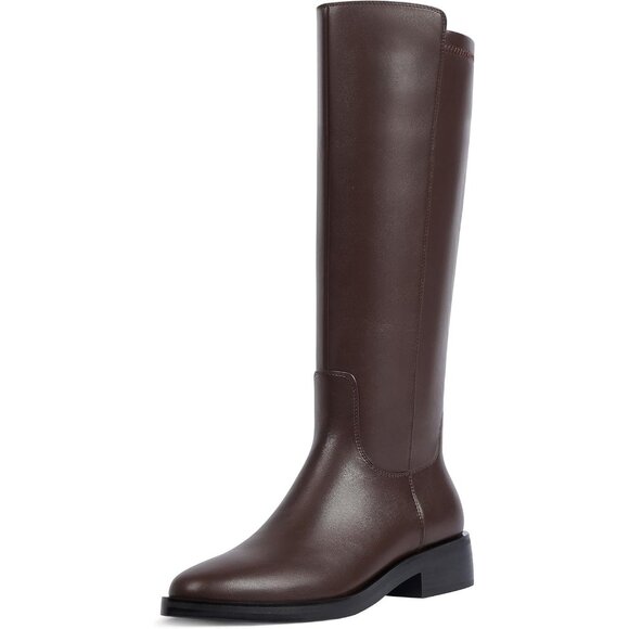 Women Polyurethane Stretch-Chocolate Round Toe Flat Side Zipper Knee High Boots - Picture 1 of 7